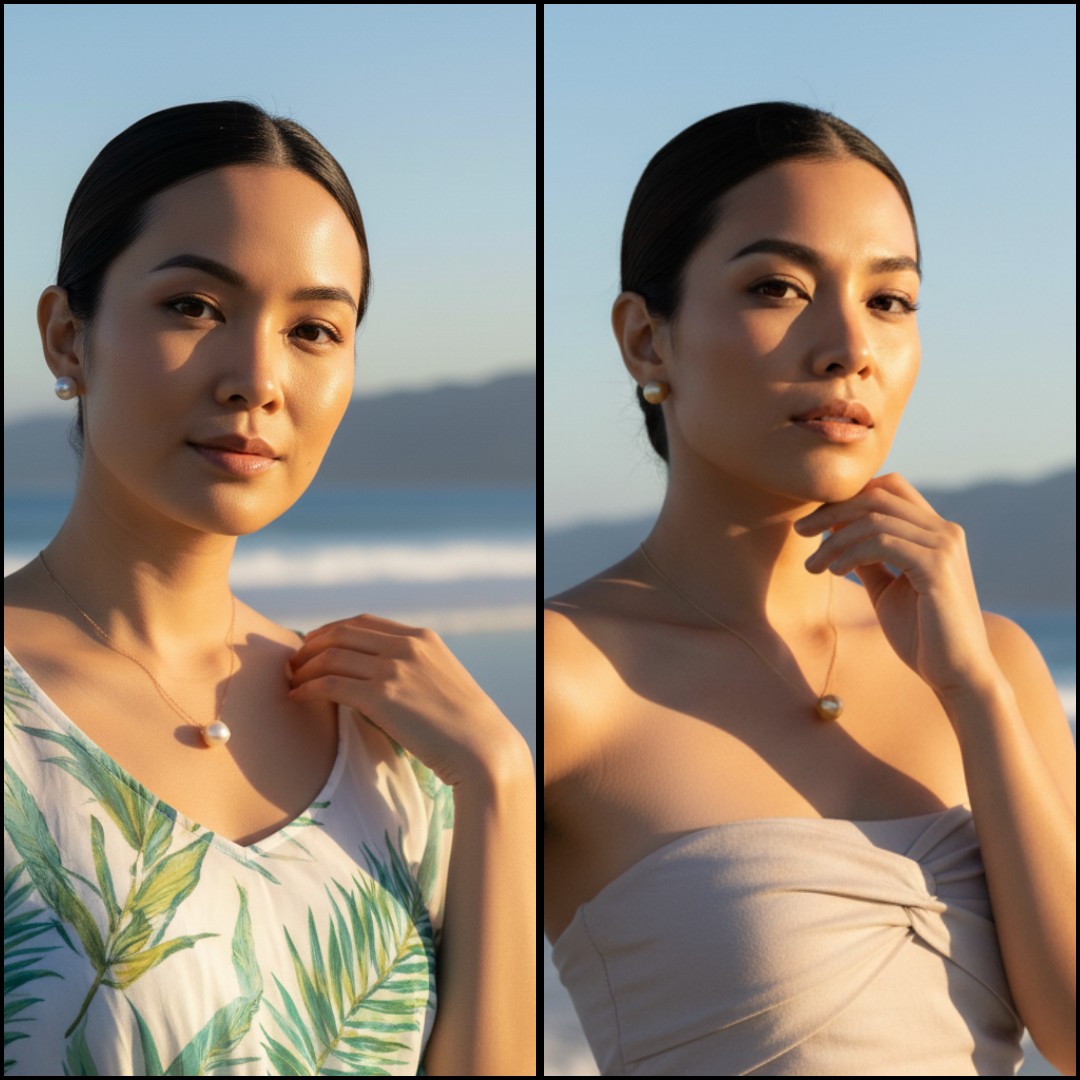 2 photos of a woman in the beach wearing different outfit and south sea pearl jewelry colors