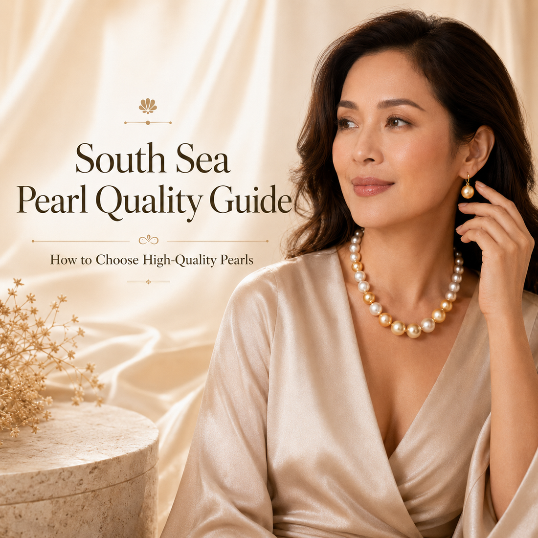 woman wearing south sea pearl earrings and chocker necklace