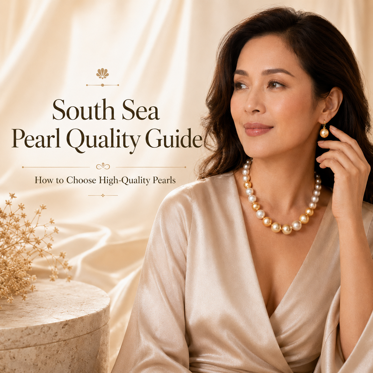 woman wearing south sea pearl earrings and chocker necklace