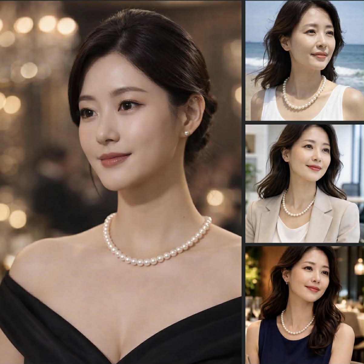 four pictures women in different locations -beach, office, fine dining restaurant, gala night, wearing white south sea pearl choker necklace