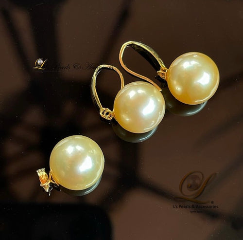 12mm Champagne South Sea Pearl Hook Dangling Earrings and Pendant