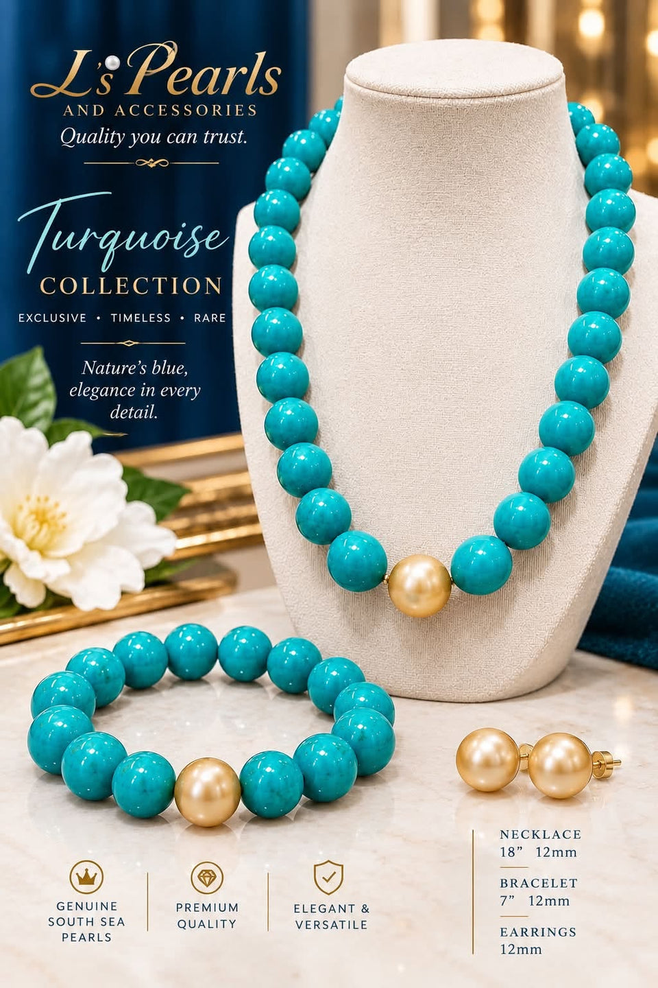TURQUOISE x SOUTH SEA PEARL Set necklace earrings bracelet